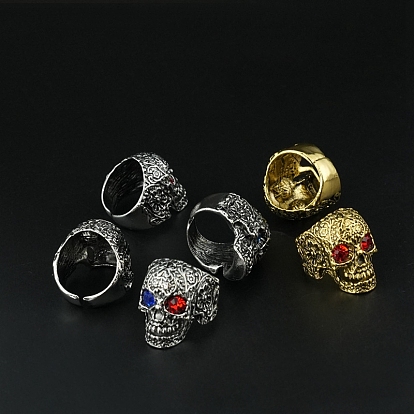 Alloy Men's Cuff Rings with Rhinestone, Skull