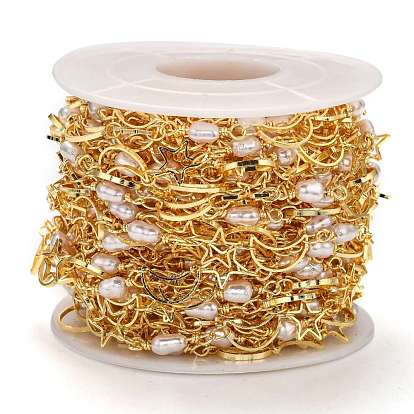 Handmade Brass Link Chains, with Acrylic Imitation Pearl and Spool, Long-Lasting Plated, Soldered, Moon & Star