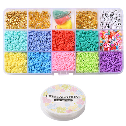 Kit de fabricación de conjunto de joyas de cuentas heishi diy, incluyendo perlas de arcilla polimérica, borlas de polialgodón, cuentas espaciadoras de aleación y latón, broches de aleación, puntas de cuentas de hierro y anillos de salto, Abalorios de acrílico, cuerda elástica