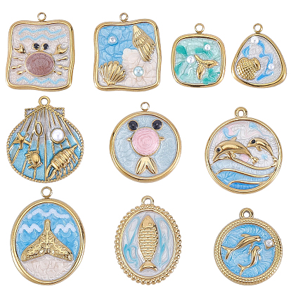 10Pcs 10 Styles 304 Stainless Steel Enamel Pendants, Sea Animals, with ABS Plastic Imitation Pearl & 20Pcs Jump Ring, Ion Plating(IP), Real 18K Gold Plated