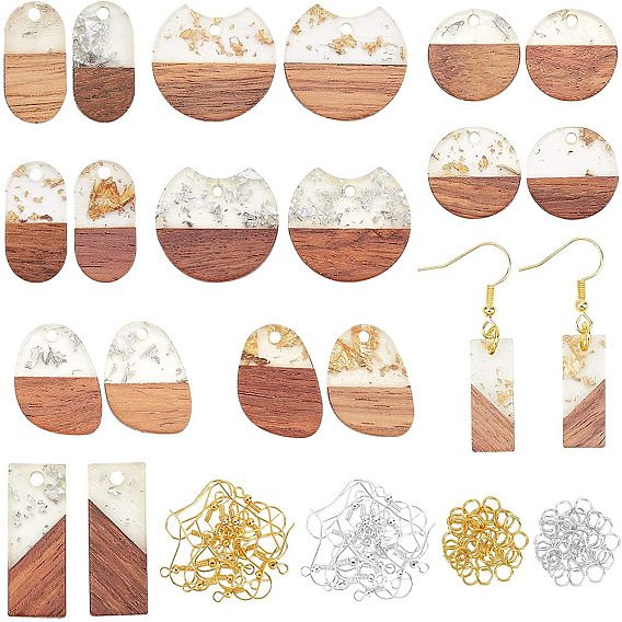 DIY Dangle Earring Making Kits, 20Pcs Flat Round & Teardrop & Oval & Rectangle Resin & Walnut Wood Pendants, Brass Earring Hooks & Jump Rings