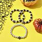 3Pcs 3 Colors Halloween Dyed & Electroplated Natural Lava Rock Round Beads Stretch Bracelets for Men, Skull