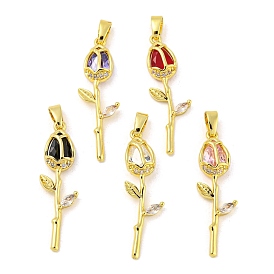 Rose Flower for Valentine's Day Real 18K Gold Plated Rack Plating Brass Micro Pave Cubic Zirconia Pendants, Long-Lasting Plated, Lead Free & Cadmium Free