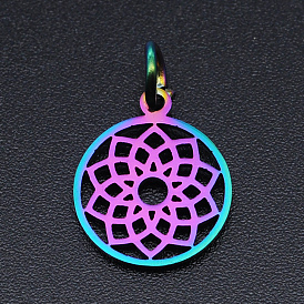 Chakra Theme Ion Plating(IP) 201 Stainless Steel Charms, Laser Cut Pendants, with Jump Rings, Flat Round, Rainbow Color