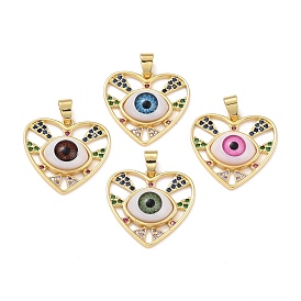 Brass Micro Pave Colorful Cubic Zirconia Pendants, with Resin, Real 18K Gold Plated, Heart with Eye