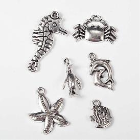 Mixed Shapes Seaside Ocean Theme Tibetan Style Alloy Pendants, Sea Horse & Crab & Fish & Double Dolphin & Starfish/Sea Stars, 15~35x10~25x2.5~3.5mm, Hole: 1.5~2mm, 6pcs/set