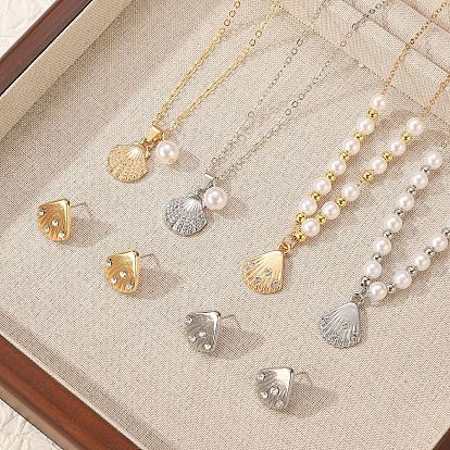 Ожерелье с подвеской в форме ракушки из сплава и пластика с жемчугом и хрустальными стразами и серьга-гвоздик