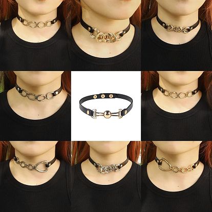 Cool Motorcycle Style PU Leather Lock Collar Chain Necklace with Dark Gothic Pendant and Clasp Decoration