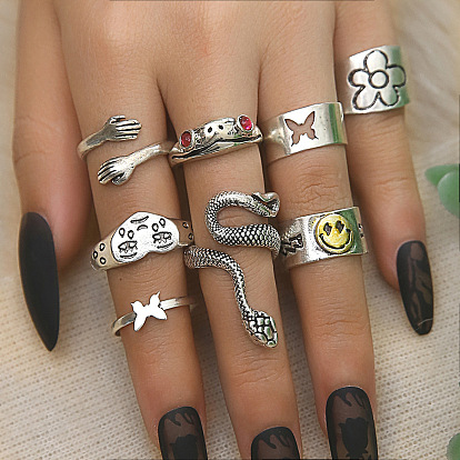 Exaggerated Serpentine Frog Butterfly Crying Face Ring Combination 8-Piece Set Female