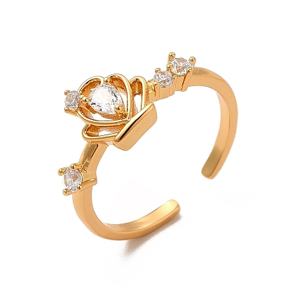 Clear Cubic Zirconia Crown Open Cuff Ring, Rack Plating Brass Jewelry for Women, Cadmium Free & Lead Free