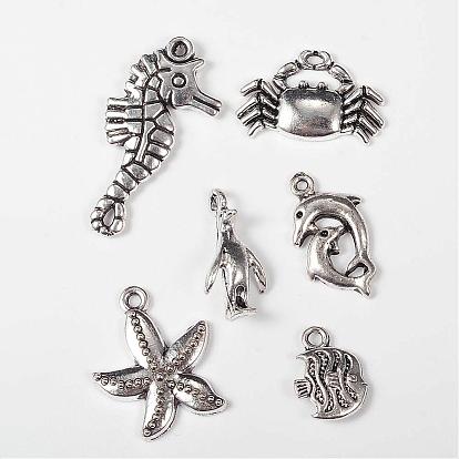 Mixed Shapes Seaside Ocean Theme Tibetan Style Alloy Pendants, Sea Horse & Crab & Fish & Double Dolphin & Starfish/Sea Stars, 15~35x10~25x2.5~3.5mm, Hole: 1.5~2mm, 6pcs/set