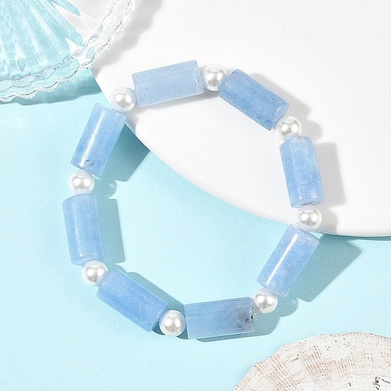 Pulseras elásticas con columnas de jade natural de Malasia teñido y perlas de concha.