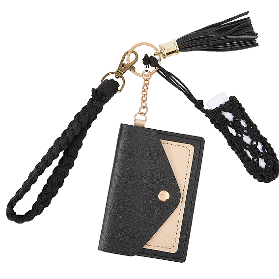 Наборы для ключей, включая брелоки-чехлы для фотокарточек из искусственной кожи, хлопковый макраме мешочек подвеска украшения, Вязаные подвески из хлопкового шнура и подвески с кисточками из искусственной кожи.