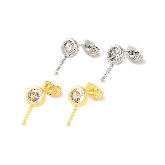 Серьги-гвоздики из латуни с микропаве из кубического циркония фурнитура, плоско-круглые, за половину пробурено бисера