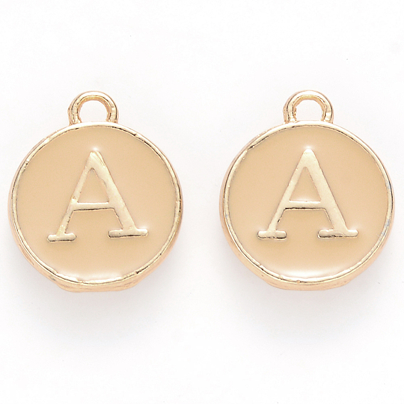 Breloques en émail d'alliage plaqué or, sans cadmium et sans plomb, paillettes émaillées, plat rond avec la lettre, blé, letter.a, 14x12x2mm, Trou: 1.5mm