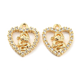 Brass Micro Pave Clear Cubic Zirconia Charms, Heart with Dragon