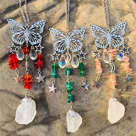 Natural & Synthetic Gemstone & Rough Raw Quartz Crystal Hanging Ornaments, Metal Butterfly Teardrop Glass Tassel Suncatchers for Home Outdoor Decoration