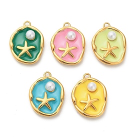 304 нержавеющей стальной эмали подвески, плоские круглые с морскими звездами, с ABS имитации жемчуга, ионное покрытие (ip), реальный 18 k позолоченный