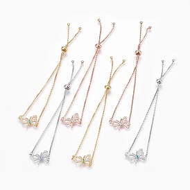 Adjustable Brass Micro Pave Cubic Zirconia Bolo Bracelets, Slider Bracelets, with Synthetic Opal, Butterfly