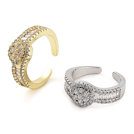 Rack Plating Brass Micro Pave Cubic Zirconia Round Open Cuff Rings for Women, Long-Lasting Plated, Cadmium Free & Lead Free