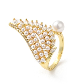 Cubic Zirconia Wing with Plastic Imitation Pearl Open Cuff Rings, Rack Plating Brass Ring, Cadmium Free & Lead Free