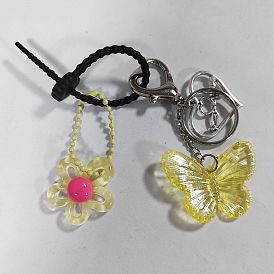 Llaveros colgantes de flores de resina y mariposas acrílicas, Con bridas de silicona y cierres de pinza de langosta de aleación de zinc