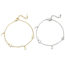 Bracelets à breloques en laiton émaillé blanc, lune et étoiles, plaqué longue durée, crémaillère plaquage, sans plomb et sans cadmium