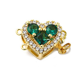 Rack Plating Brass Micro Pave Clear Cubic Zirconia Box Clasps, with Green Glass, 2-Strand, 4-Hole, Cadmium Free & Lead Free, Long-Lasting Plated, Heart