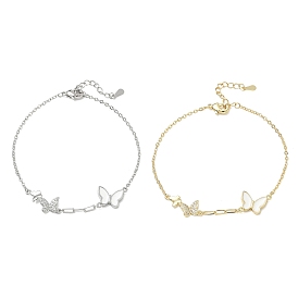 Brass Micro Pave Clear Cubic Zirconia White Butterfly Link Bracelets, with Enamel, Long-Lasting Plated, Rack Plating, Lead Free & Cadmium Free
