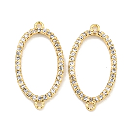 Brass Micro Pave Clear Cubic Zirconia Connector Charms, Hollow Oval Links