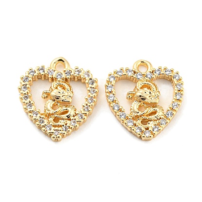 Brass Micro Pave Clear Cubic Zirconia Charms, Cadmium Free & Nickel Free & Lead Free, Heart with Dragon
