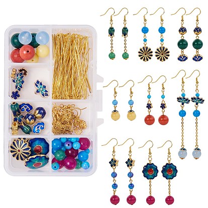 DIY Dangle Earring Making, with Natural Jade Beads, Alloy Enamel Beads, Brass Bead Caps & Eye Pins & Cable Chains, Iron Head Pins