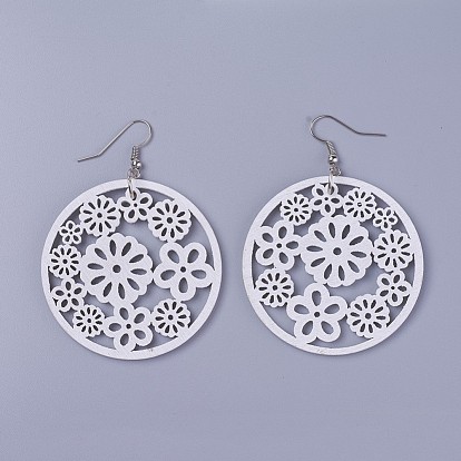 Wood Dangle Earrings, with Platinum Tone Iron Earring Hooks, Flat Round with Flower