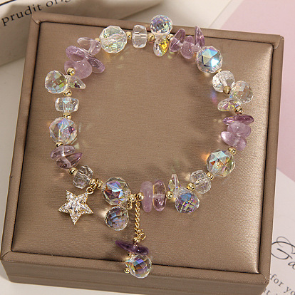Alloy Rhinestone Star Charm Glass Beaded Stretch Bracelets for Women, Golden
