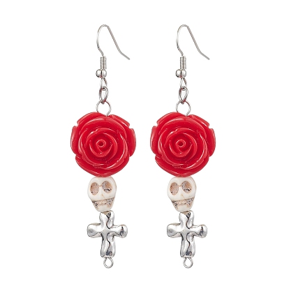 Серьги-подвески из смолы и синтетической бирюзы, с латунной фурнитурой , Хэллоуин роза череп