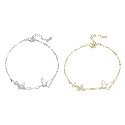 Brass Micro Pave Clear Cubic Zirconia White Butterfly Link Bracelets, with Enamel, Long-Lasting Plated, Rack Plating, Lead Free & Cadmium Free