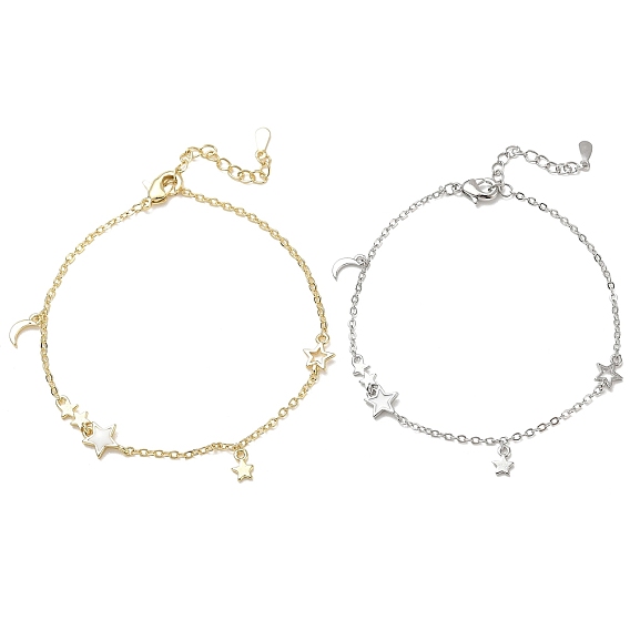 Brass Enamel White Charm Bracelets, Moon & Star, Long-Lasting Plated, Rack Plating, Lead Free & Cadmium Free