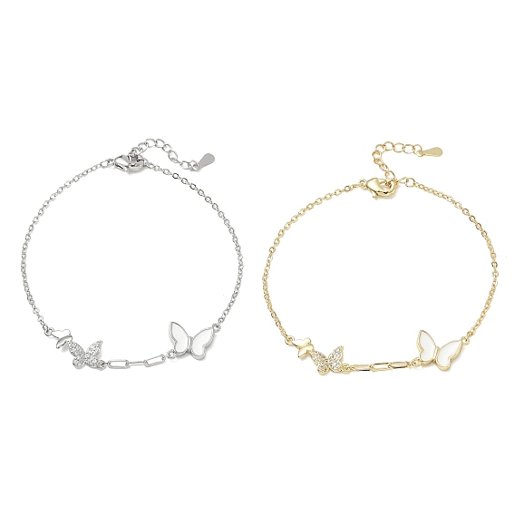 Bracelets en laiton sertis de micro-pavés de zircon cubique blanc transparent et à maillons papillon, avec l'émail, plaqué longue durée, crémaillère plaquage, sans plomb et sans cadmium
