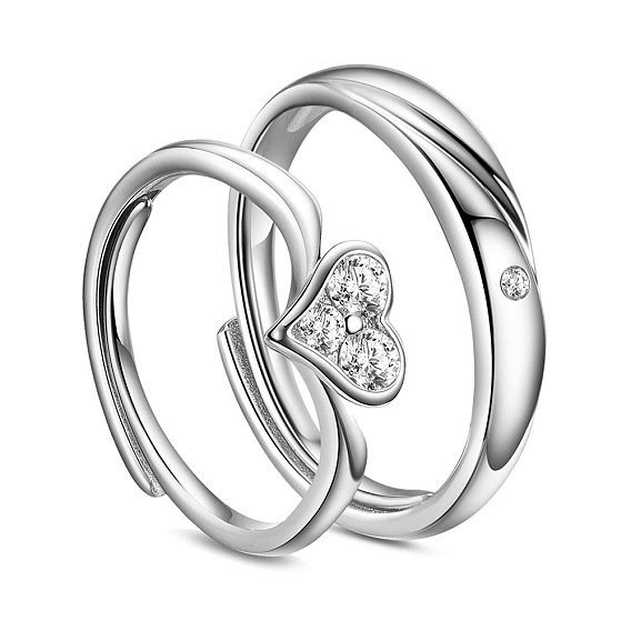 Awesome 925 Sterling Silver Couple Rings, with AAA Cubic Zirconias and Heart, 16mm&18mm, 2pcs/set