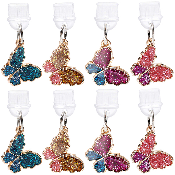 8 шт. 4 цветные силиконовые мобильные заглушки от пыли, с подвесками из эмали и сплава , бабочка, блеск порошок