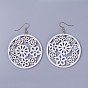 Wood Dangle Earrings, with Platinum Tone Iron Earring Hooks, Flat Round with Flower