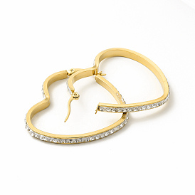 Crystal Rhinestone Heart Hoop Earrings, 304 Stainless Steel Jewelry for Women
