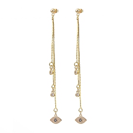 Cubic Zirconia Evil Eye with Brass Tassel Dangle Stud Earrings, 304 Stainless Steel Long Drop Earrings for Women