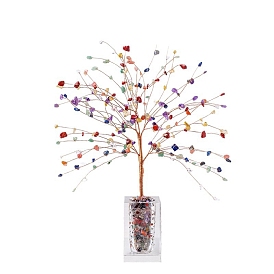 Natural Gemstone Chips Tree Display Decorations, with Brass Wire Wrapped Feng Shui Ornament for Fortune