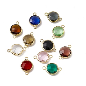 Transparent K9 Glass Connector Charms, with Light Gold Plated Brass Findings, Faceted, Flat Round Links
