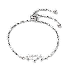 Adjustable 304 Stainless Steel Box Chain Slider Bracelets, Alloy Heartbeat Link Bracelet for Women