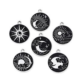 Alloy Enamel Pendants, Flat Round with Sun & Moon Charm, Platinum, Black