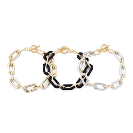Spray Painted CCB Plastic & Aluminum Paperclip Chain Bracelets, with 304 Stainless Steel Toggle Clasps, Light Gold