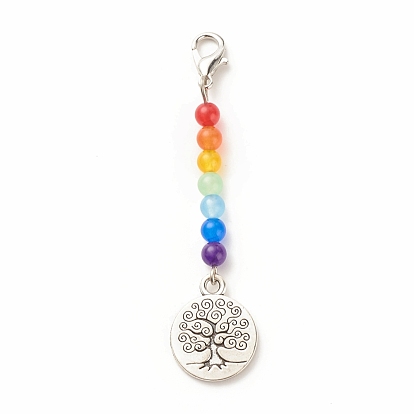 Décorations de pendentif perlé de jade de malaisie naturel et teint sur le thème du chakra, avec fermoir pince de homard, Pendentifs en alliage de style tibétain, arbre de la vie