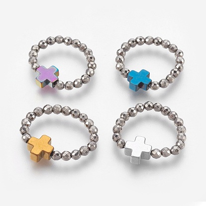 Electroplate Non-magnetic Synthetic Hematite Stretch Finger Rings, Cross, Round, Faceted